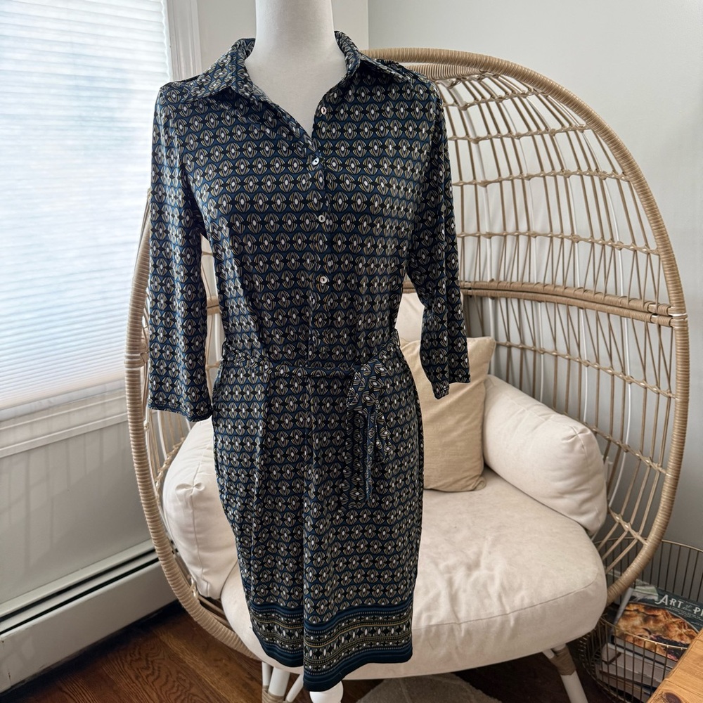 Max Studio Geo Print Tie Waist Shirt Dress Blue‎ Green Size M
